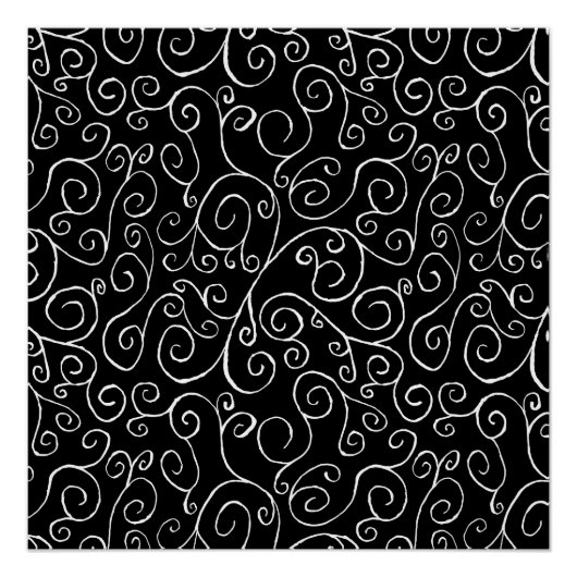 Witte scrollende curven op zwart perfect poster (Voorkant)