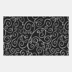 Witte scrollende curven op zwart rechthoekige sticker