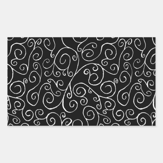 Witte scrollende curven op zwart rechthoekige sticker (Voorkant)