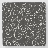 Witte scrollende curven op zwart stenen onderzetter (Voorkant)