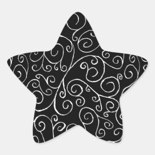Witte scrollende curven op zwart ster sticker