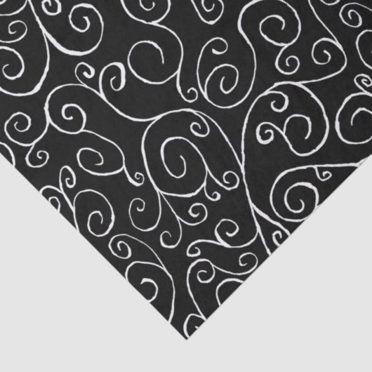 Witte scrollende curven op zwart tissuepapier (Detail)