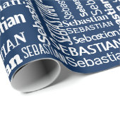 Witte SEBASTIAN naam op blauw Cadeaupapier (Rol Hoek)