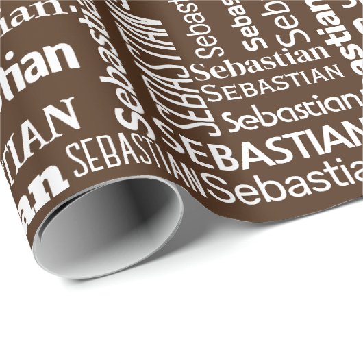 Witte SEBASTIAN naam op bruin Cadeaupapier (Rol Hoek)