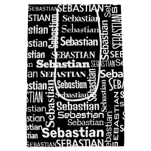 Witte SEBASTIAN naam op zwart Medium Cadeauzakje (Achterkant)