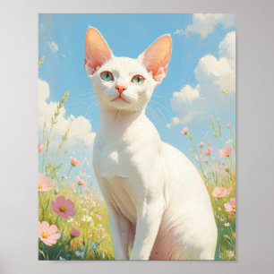Witte Sfinx Kat en Bloemen Poster