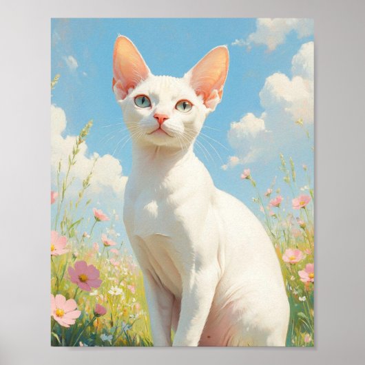 Witte Sfinx Kat en Bloemen Poster (Voorkant)