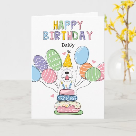 Witte Sheepadoodle Hond Gelukkige Verjaardag Kaart (Gele Bloem)