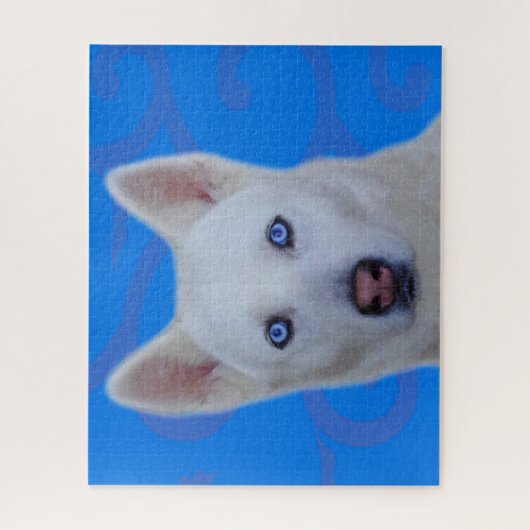 Witte Siberische Husky Legpuzzel (Blauw BG) (Verticaal)