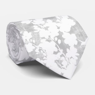 witte silhouet bloesems en kolibrie op grijs stropdas