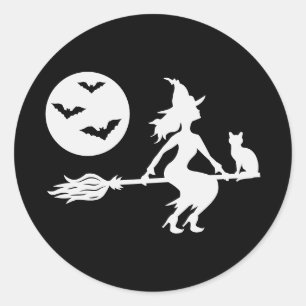 Witte silhouet van een heks op een bezemsteel Hall Ronde Sticker