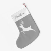 Witte Silhouet van Rendier op Grijs met Aangepaste Kleine Kerstsok (Achterkant (Hangend))