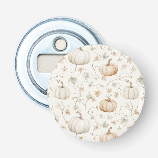 Witte Sinaasappelpompoenen Bladeren Button Flesopener (Voorkant)