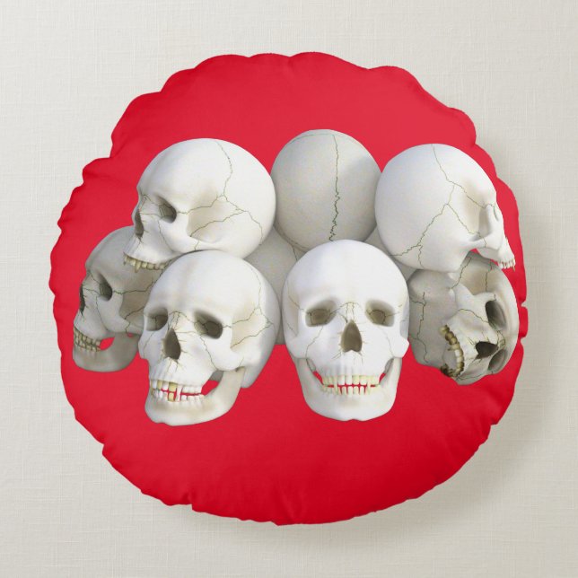 Witte Skulls Round Pillow, rode achtergrond Rond Kussen (Voorkant)