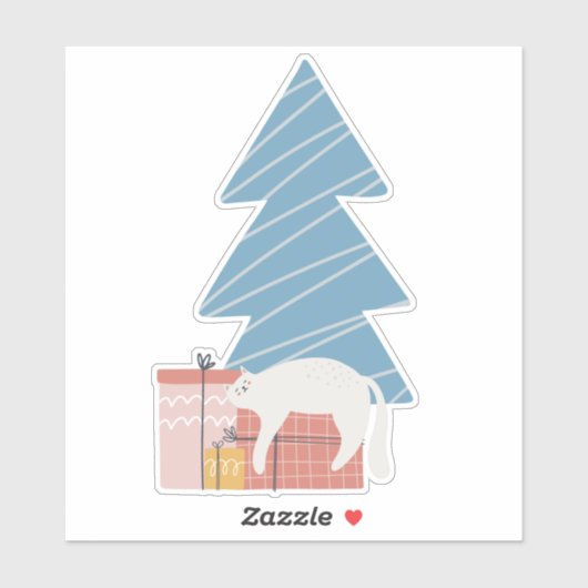 Witte slapende kat op cadeaus onder kerstboom sticker (Vel)