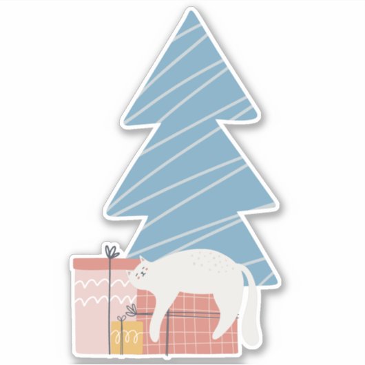Witte slapende kat op cadeaus onder kerstboom sticker (Voorkant)