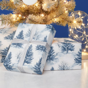 Witte Sneeuw Blauwe Kerstbomen Cadeaupapier