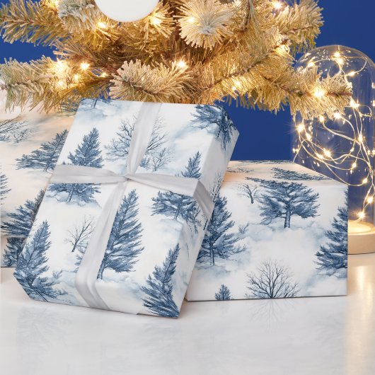 Witte Sneeuw Blauwe Kerstbomen Cadeaupapier (Feestdagen)