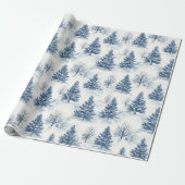 Witte Sneeuw Blauwe Kerstbomen Cadeaupapier (Uitgerold)