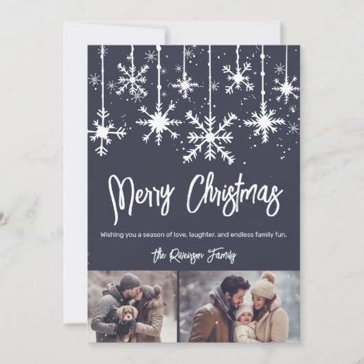 Witte sneeuw elegante blauwe vrolijke kerst 2 foto feestdagenkaart (Voorkant)