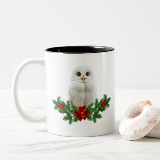 Witte Sneeuw Kerstuil Tweekleurige Koffiemok (Met donut)