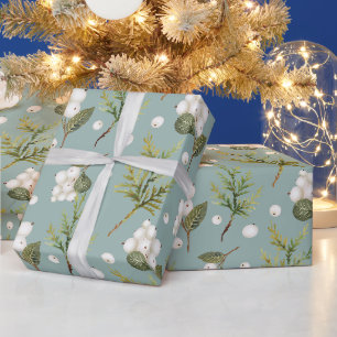 Witte Sneeuwbes en Ceder Takken Pastelgroen Cadeaupapier