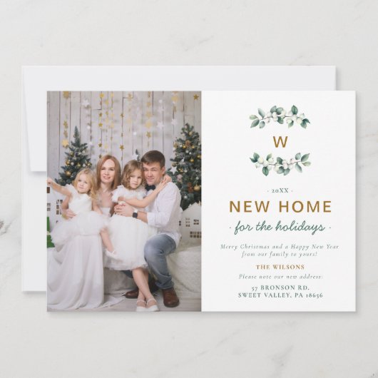 Witte Sneeuwbessen Bewegende Familie Monogram Foto Feestdagenkaart (Voorkant)