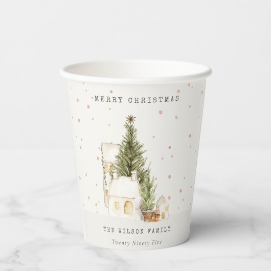 Witte sneeuwboomkuipen Vroegere kerstgroeten Papieren Bekers (Achterkant)