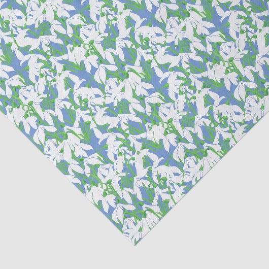 Witte sneeuwdruppels bloemenpatroon op poeder blau tissuepapier (Detail)