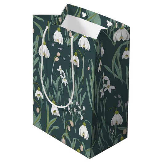 Witte sneeuwklokjes bloemen op groen medium cadeauzakje (Achterkant Gekanteld)