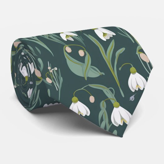 Witte sneeuwklokjes bloemen op groen stropdas (Opgerold)