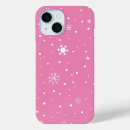 Witte sneeuwvlok en polka stippen in roze achtergr iPhone 15 case