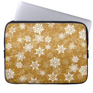Witte Sneeuwvlok Luxe Geel Elegante Kerstmis Laptop Sleeve