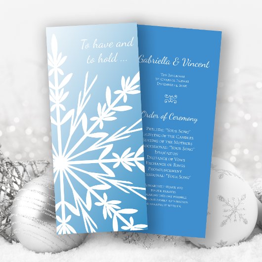 Witte Sneeuwvlok op Blauw Winter Bruiloftsprogramm Programmakaart