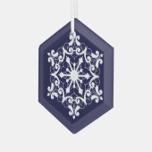 Witte sneeuwvlok op donkerblauw glas ornament (Voorkant links)