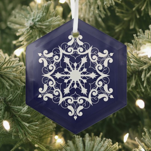 Witte sneeuwvlok op donkerblauw glas ornament (Insitu)