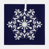 Witte sneeuwvlok op donkerblauwe glazen sierbloem glas ornament (Achterkant)