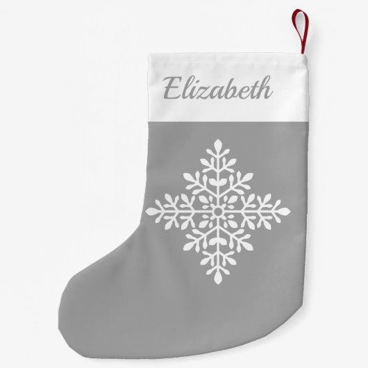 Witte  sneeuwvlok op grijs met aangepaste naam kleine kerstsok (Achterkant)