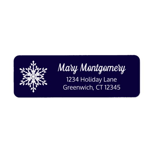 Witte sneeuwvlok op marineblauw retouradres etiket (Voorkant)