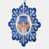 Witte sneeuwvlok op Sparkly Blue Faux Glitter Foto Ornament Kaart (Links)
