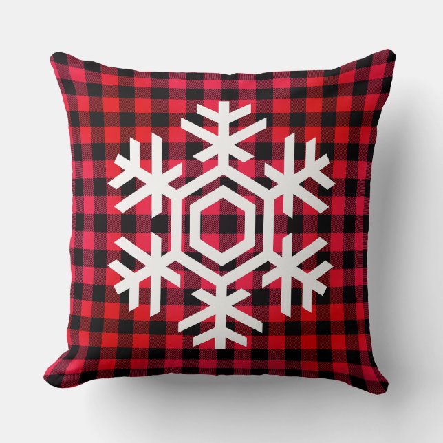 Witte sneeuwvlok op warm rood tartan patroon kussen (Voorkant)