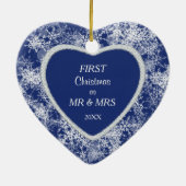 Witte sneeuwvlokgrens op blauw fotosjabloon keramisch ornament (Achterkant)