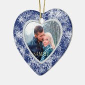 Witte sneeuwvlokgrens op blauw fotosjabloon keramisch ornament (Links)