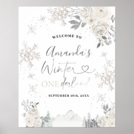 Witte sneeuwvlokken 1e Verjaardag Welkomstbord Poster