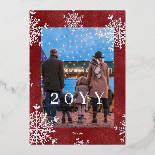 Witte sneeuwvlokken 2 foto's familie Kerstrood Folie Feestdagenkaart (Achterkant)
