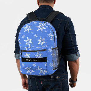 Witte sneeuwvlokken, Blauw, je naam, Personaliseer Bedrukte Rugzak
