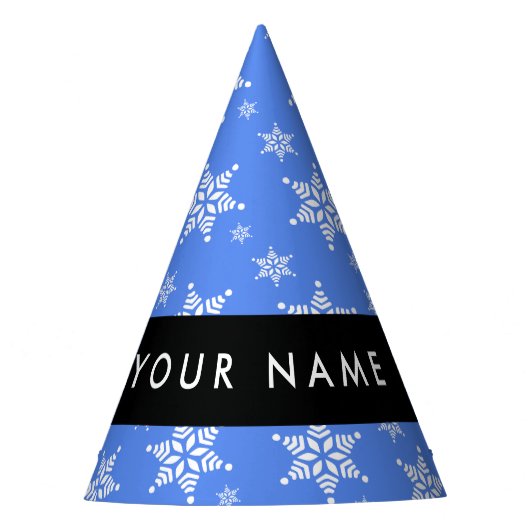 Witte sneeuwvlokken, Blauw, Jouw naam, Personalise Feesthoedjes (Voorkant)