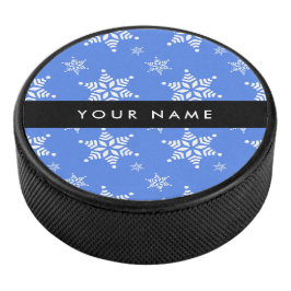 Witte sneeuwvlokken, Blauw, Jouw naam, Personalise Hockey Puck