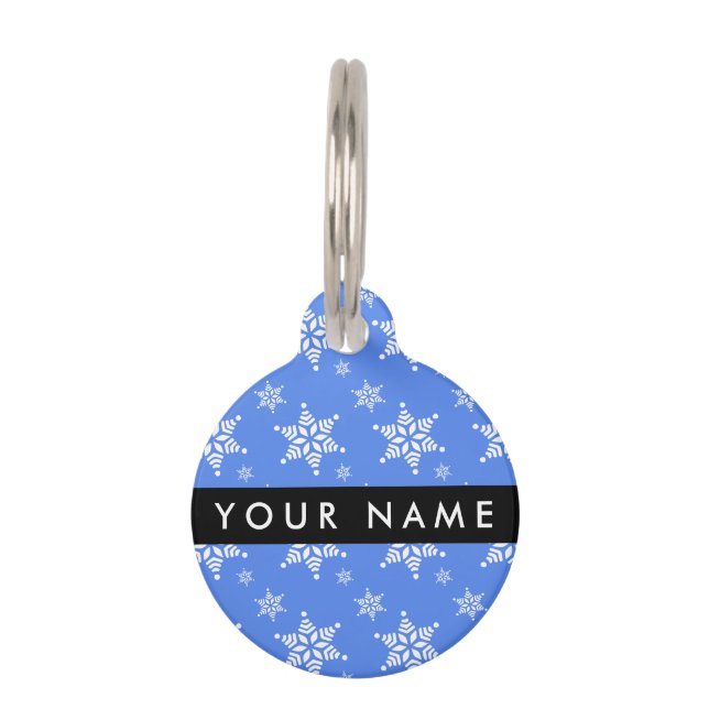 Witte sneeuwvlokken, Blauw, Jouw naam, Personalise Huisdierpenning (Voorkant)