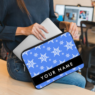 Witte sneeuwvlokken, Blauw, Jouw naam, Personalise Laptop Sleeve